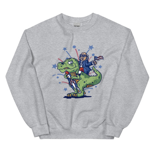 Benjamin Franklin riding a Dinosaur Sweatshirt