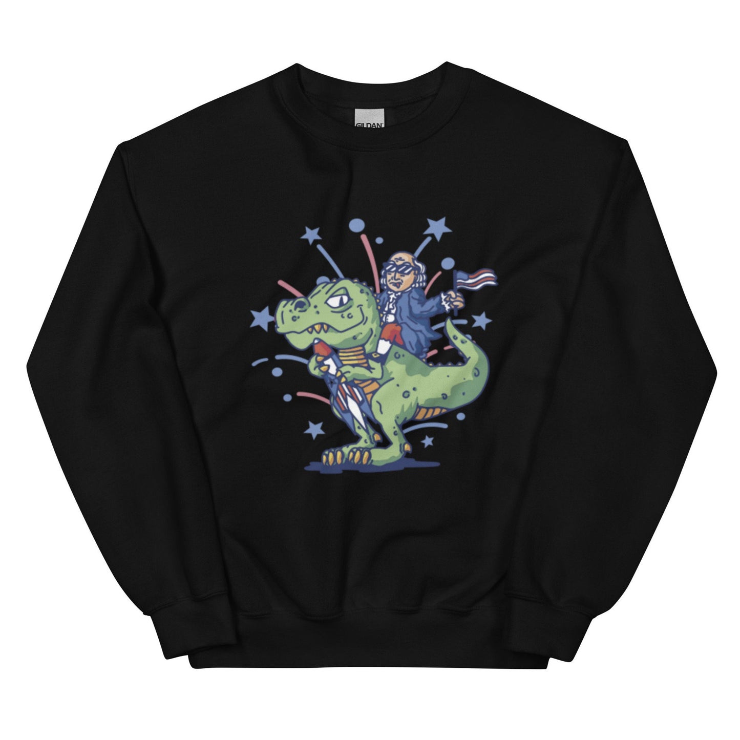 Benjamin Franklin riding a Dinosaur Sweatshirt